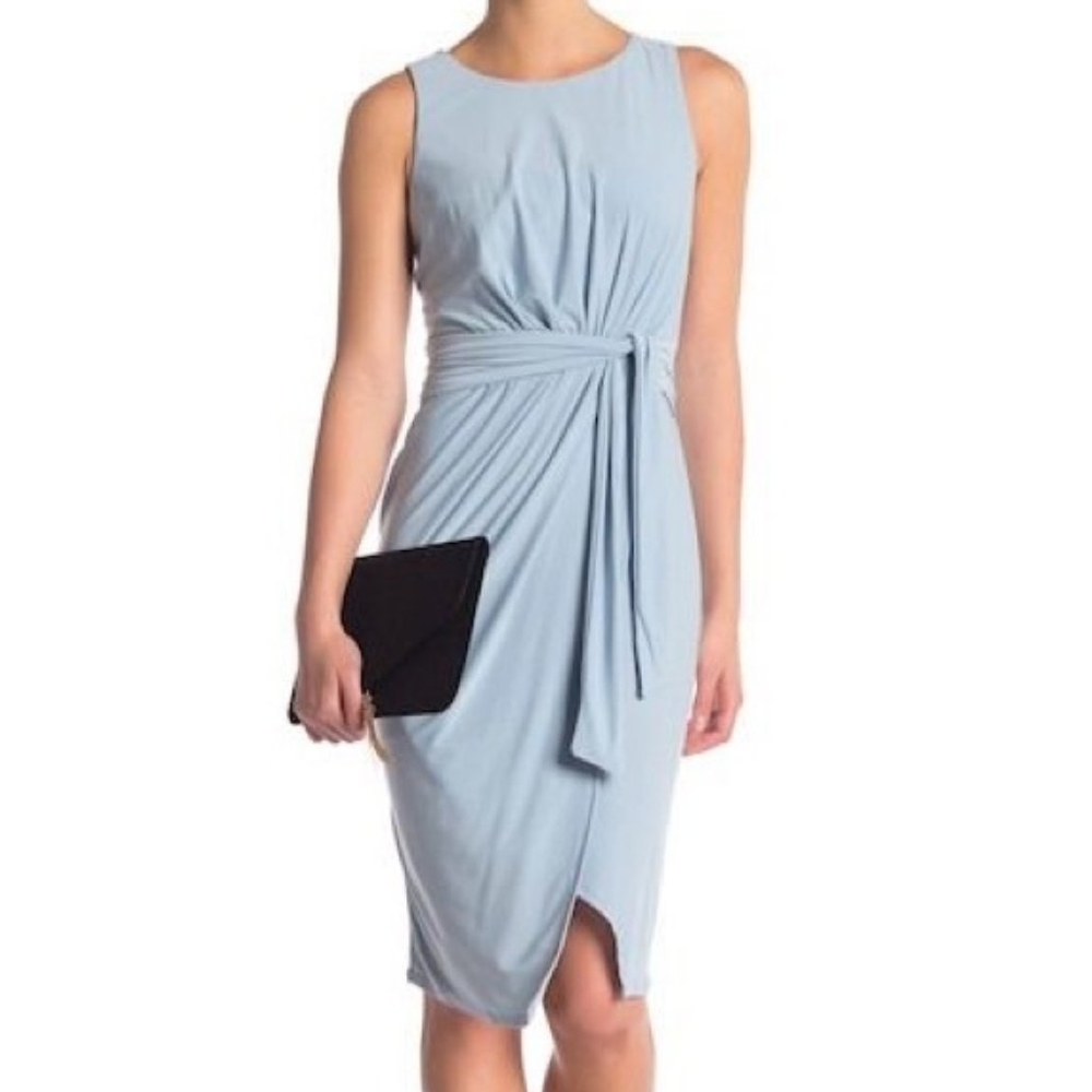 Light Blue Stretch Tie Waist Midi Dress (Size Small)